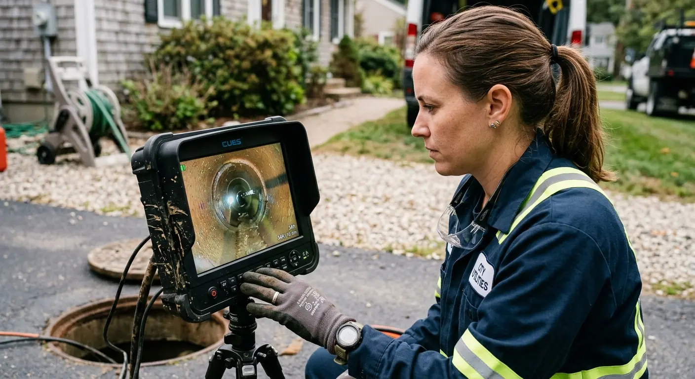 Technician reviewing sewer camera inspection footage in Thornbury