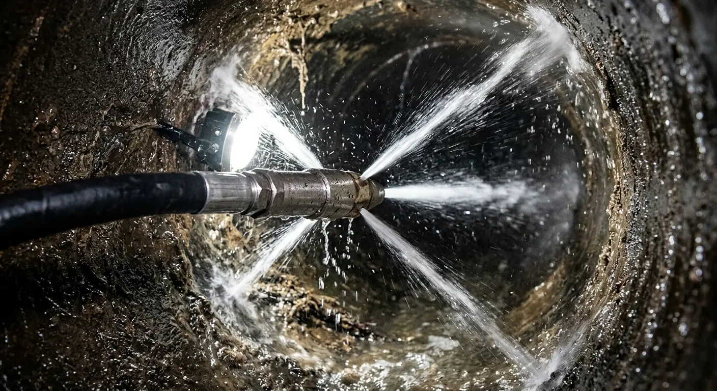 High-pressure hydro jetting nozzle cleaning sewer pipe for Trenchless Sewer Repair in Thornbury