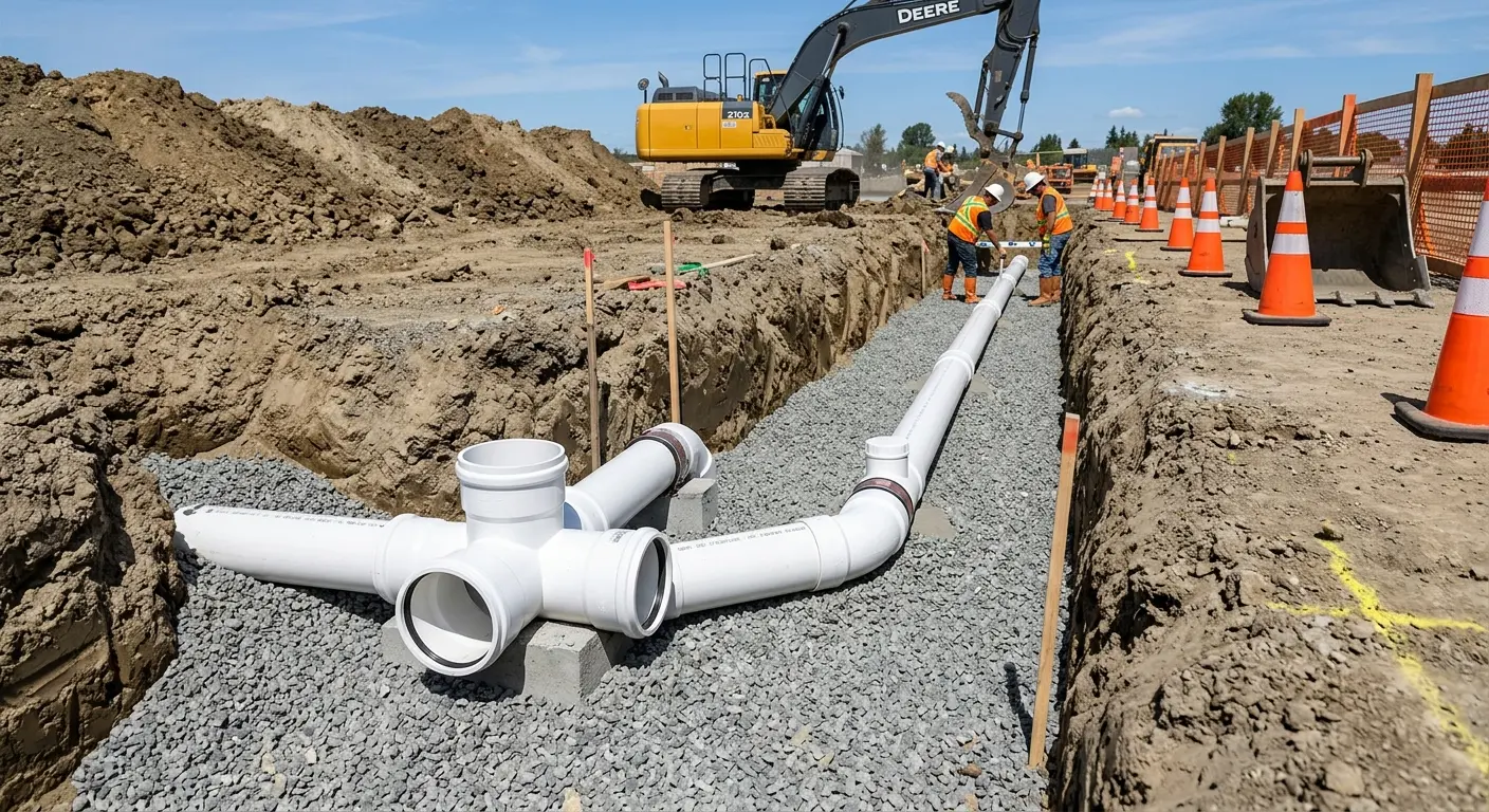 New PVC sewer pipe installation in open trench for Commercial Drain Cleaning in Thornbury