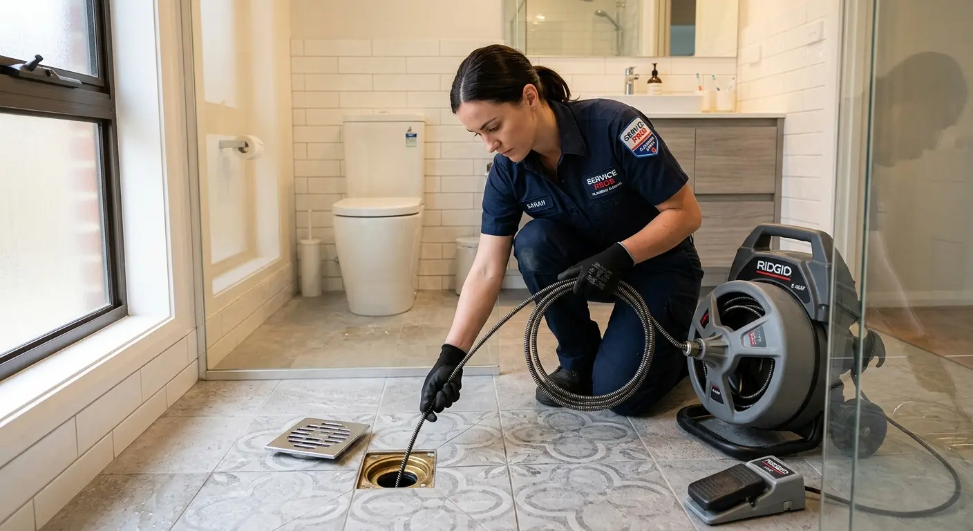 Technician clearing a bathroom floor drain for Drain Cleaning in Thornbury